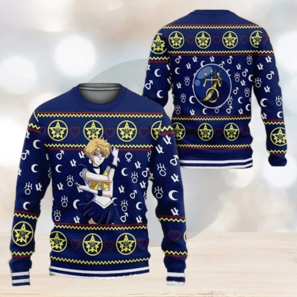 Sailor Uranus Sailor Moon Ugly Sweater, Haruka Tenoh Anime Christmas Holiday Sweater, Navy Planet Symbol Unisex Xmas Sweatshirt