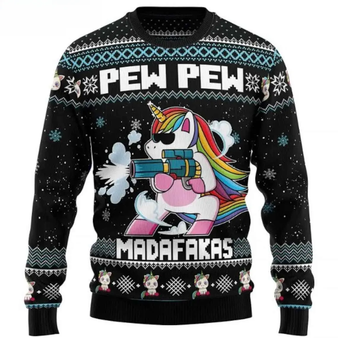 Unicorn Pew Pew Madafakas Christmas Ugly Sweater, Funny Rainbow Unicorn Holiday Sweater, Unisex All Over Print Xmas Party Sweatshirt