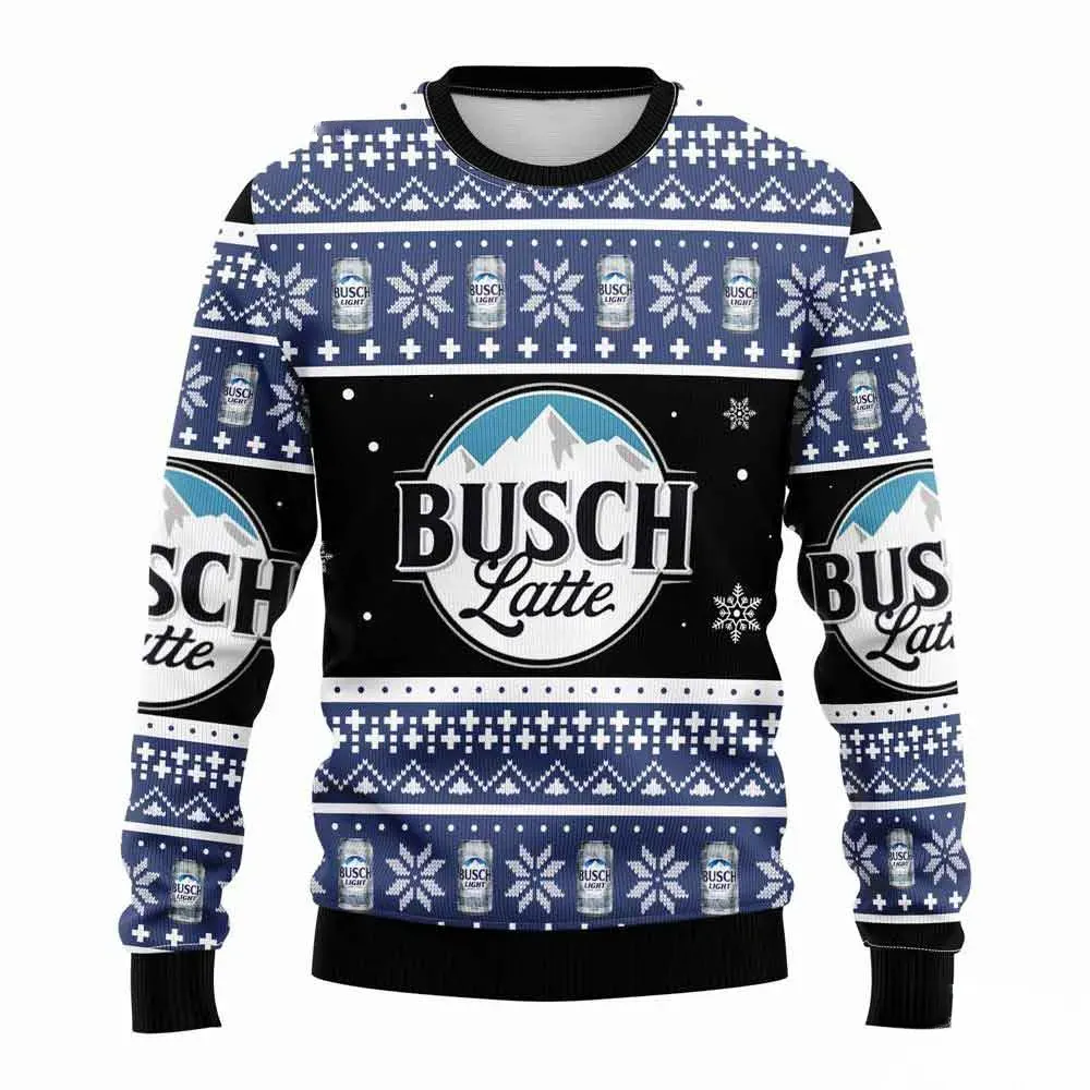 Busch Latte Beer Can Christmas Ugly Sweater, Busch Light Funny Beer Lover Holiday Sweater, Navy Snowflake Unisex Xmas Sweatshirt
