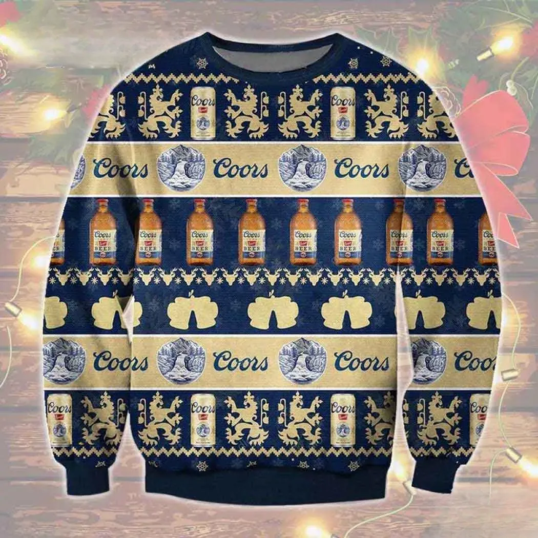 Coors Banquet Beer Unisex Knit Wool Ugly Sweater, Lion Crest and Stubby Bottle Christmas Holiday Sweater, Navy and Cream Xmas Sweatshirt