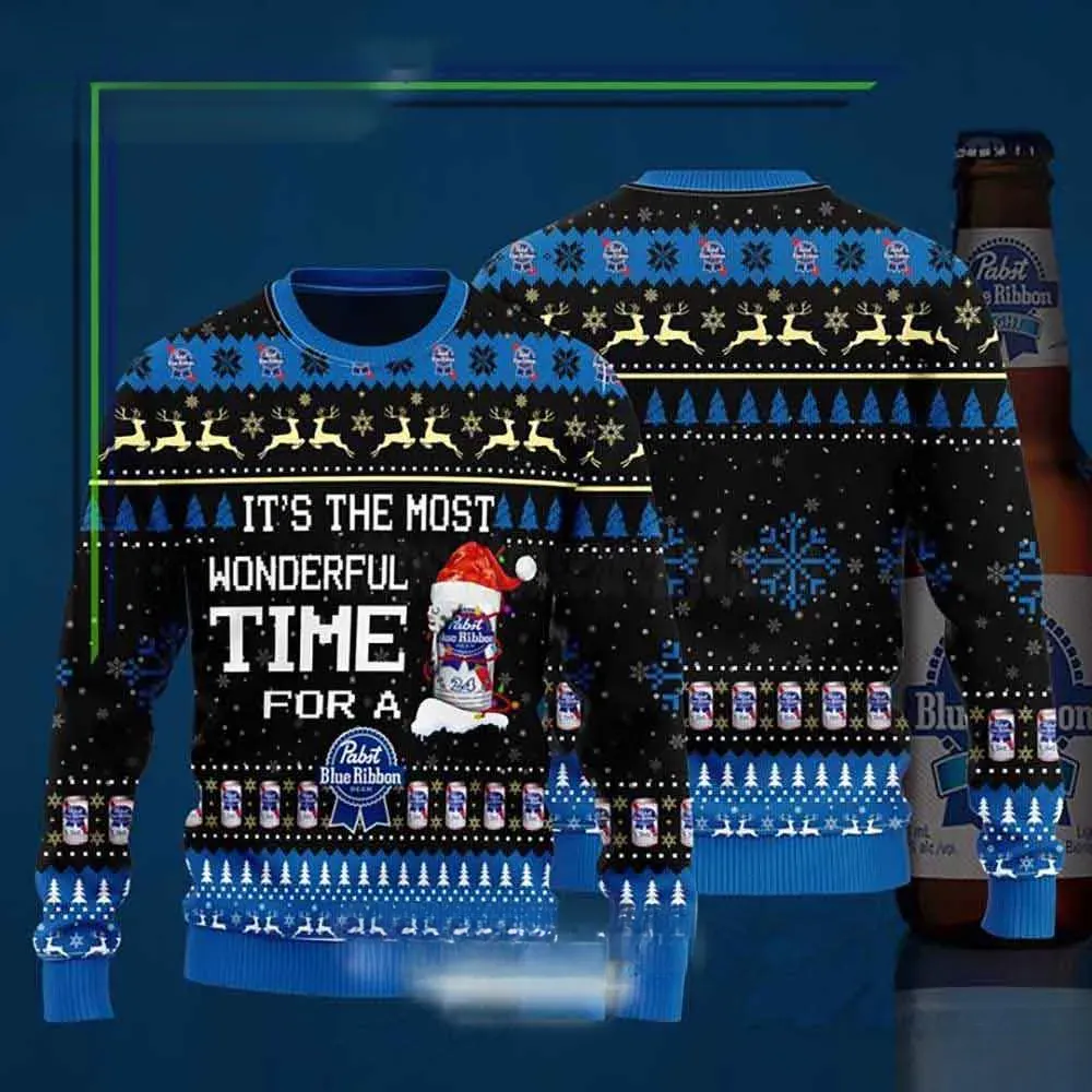 Pabst Blue Ribbon It's The Most Wonderful Time Ugly Christmas Sweater, PBR Funny Beer Holiday Sweater, Xmas Party Sweater