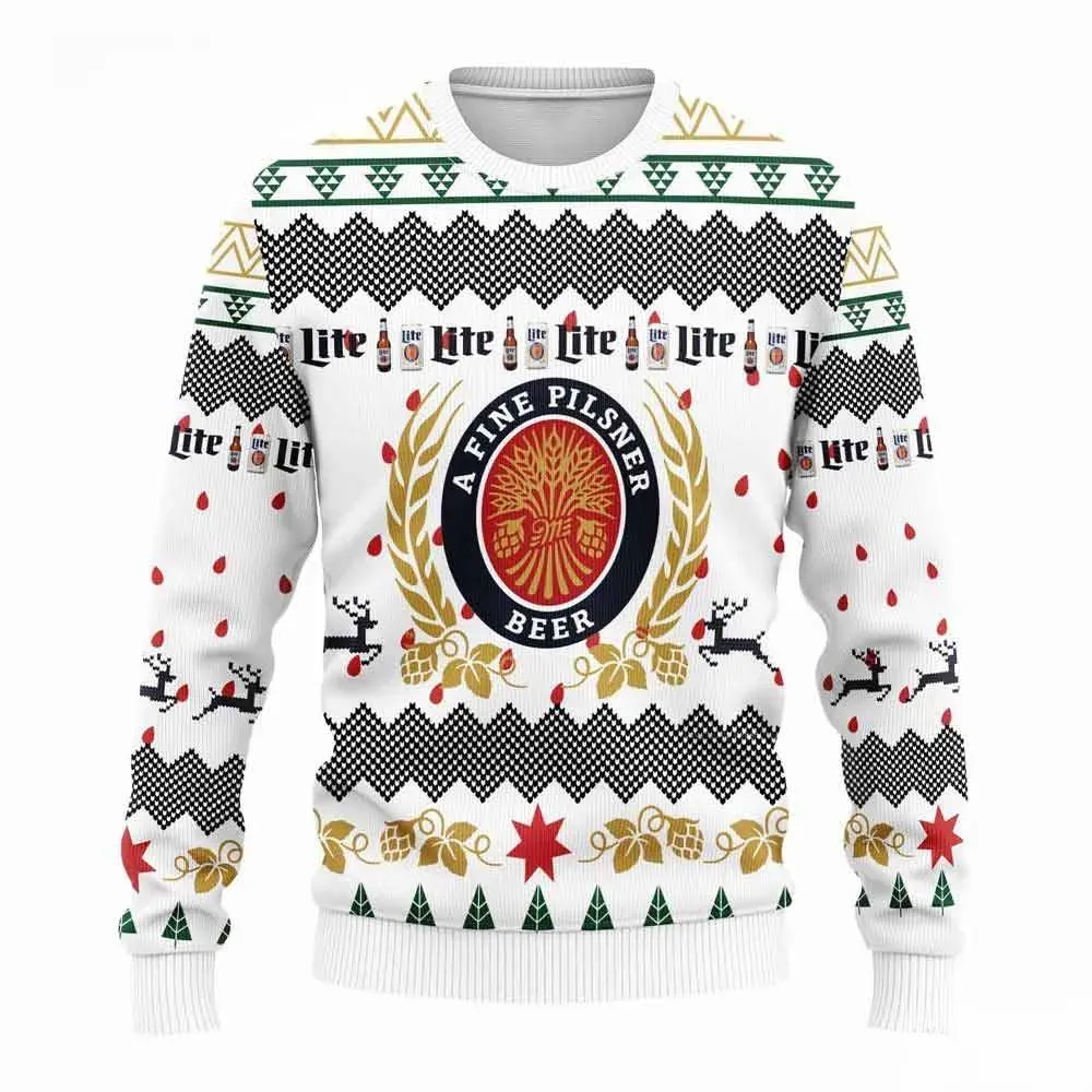 Miller Lite Beer Christmas Ugly Sweater, A Fine Pilsner Wheat Wreath Lager Holiday Sweater, White Unisex Knit Xmas Sweatshirt