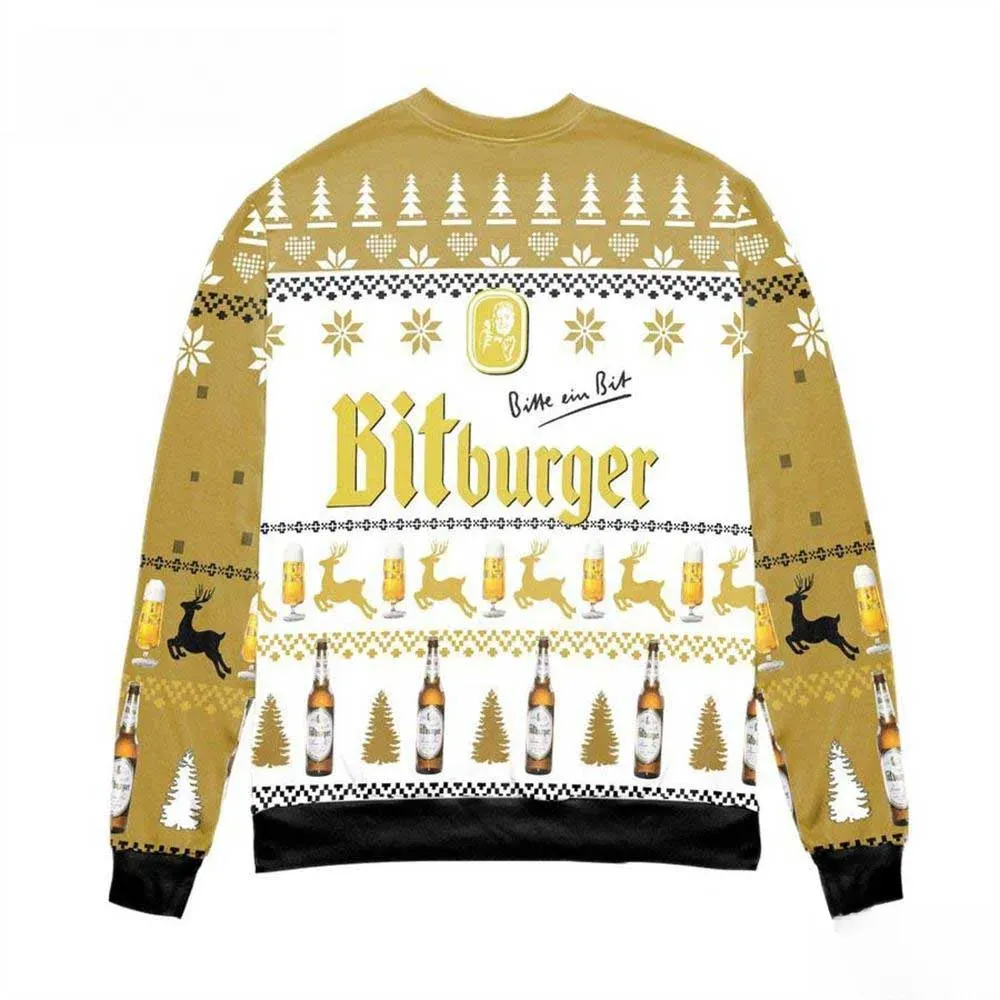 Bitburger Radler Beer Christmas Ugly Sweater, Bitte Ein Bit German Brewery Holiday Sweater, Gold and White Unisex Xmas Sweatshirt