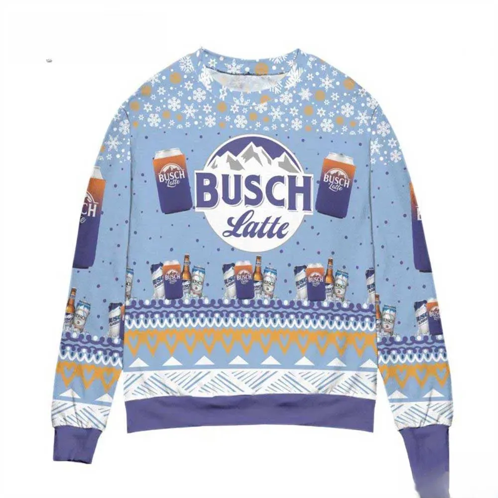 Busch Latte Beer Ugly Christmas Sweater, Funny Beer Lover Holiday Sweater, All Over Print Busch Latte Can Xmas Party Sweater