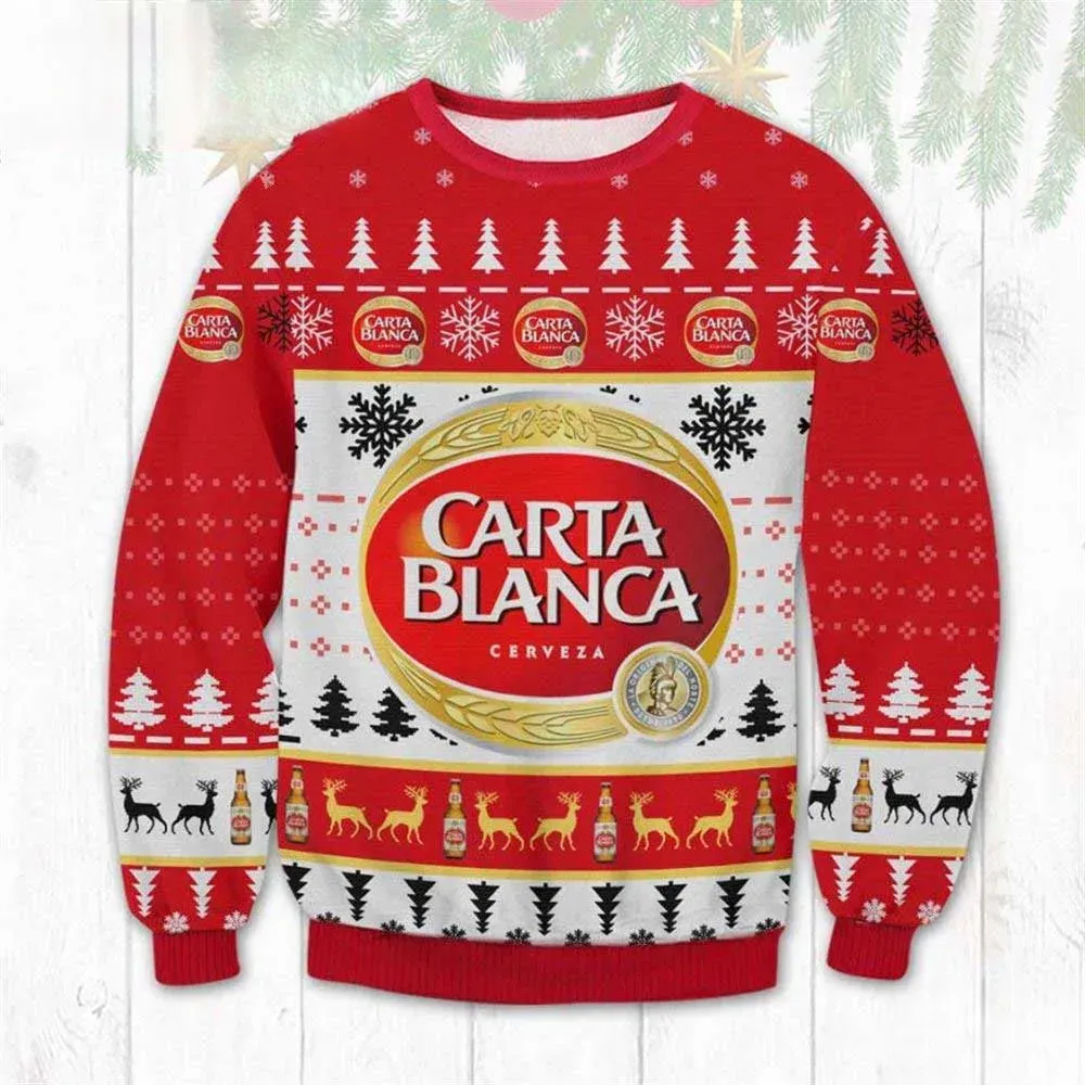 Carta Blanca Mexican Lager Beer Ugly Sweater, Cerveza Christmas Holiday Sweater, Red and White Unisex Knit Xmas Sweatshirt