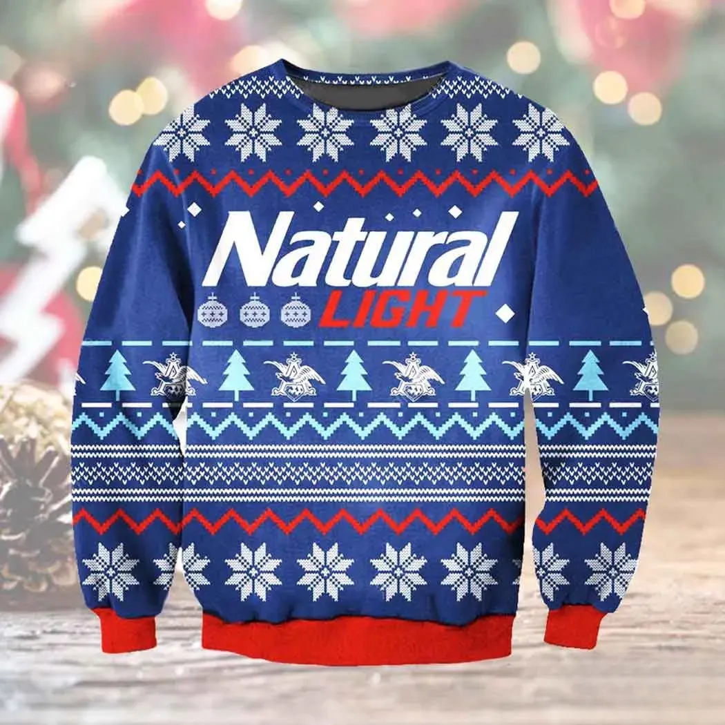 Natural Light Beer Classic Ugly Sweater, Christmas Holiday Sweater with Snowflakes and Eagle Emblem, Royal Blue Unisex Knit Xmas Sweatshirt