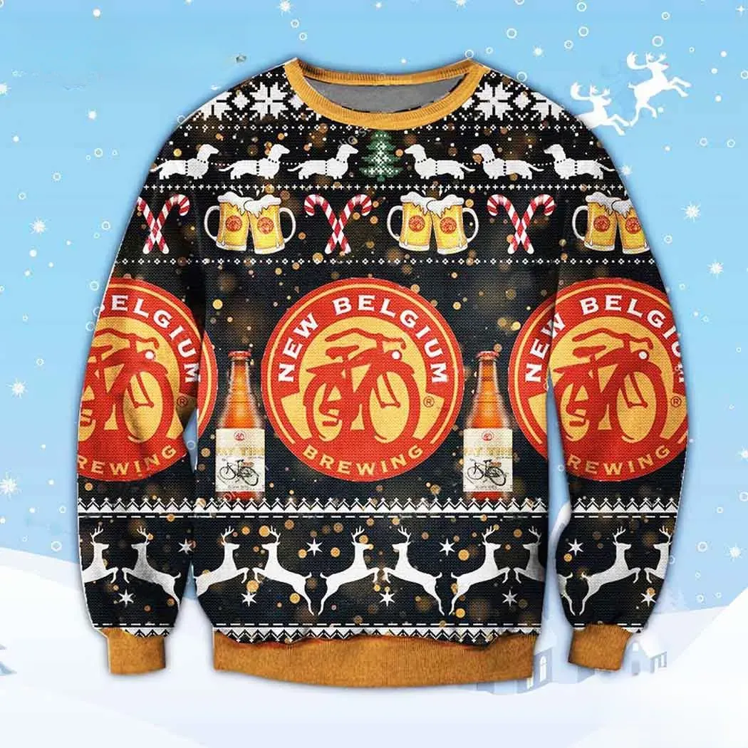 New Belgium Brewing Beer Ugly Christmas Sweater, Bicycle Logo Dachshund Holiday Sweater, Black and Orange Unisex Xmas Sweatshirt