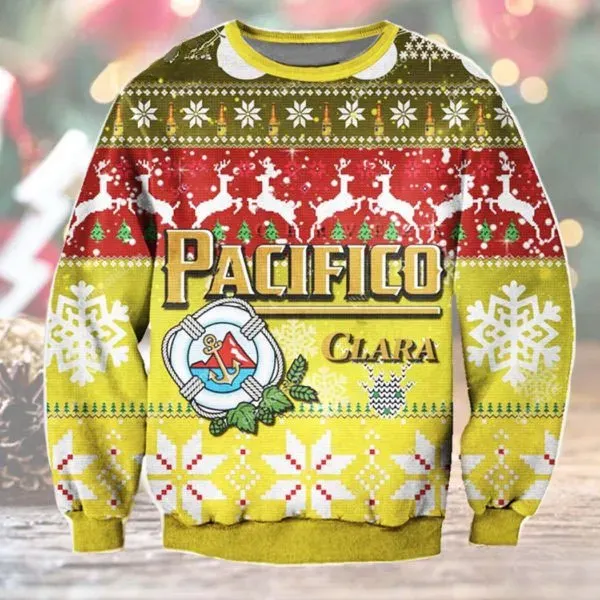 Pacifico Clara Beer Unisex Ugly Sweater, Mexican Lager Cerveza Christmas Holiday Sweater, Yellow Reindeer Knit Xmas Sweatshirt