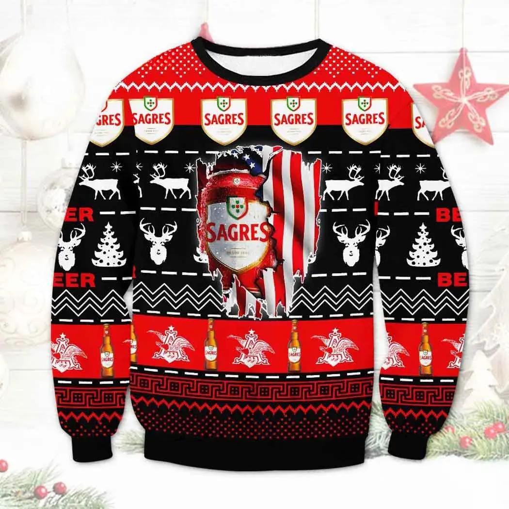 Sagres Beer Brewery Ugly Christmas Sweater, Beer Lover Holiday Sweater, All Over Print Sagres Beer Can Xmas Party Sweater