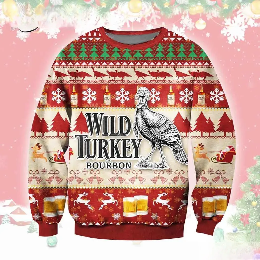 Wild Turkey Bourbon Beer Christmas Ugly Sweater, Funny Whiskey Lover Holiday Sweater, Fair Isle Style Xmas Party Sweatshirt