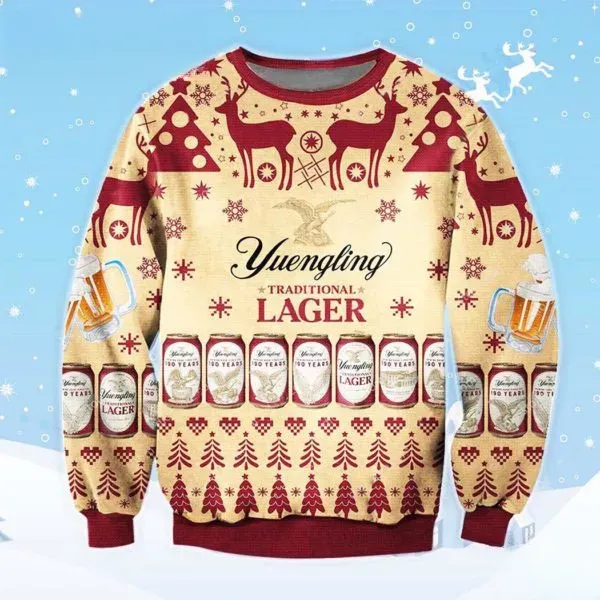 Yuengling Traditional Lager Beer Deer Ugly Sweater, Reindeer and Can Pattern Christmas Holiday Sweater, Cream Unisex Xmas Sweatshirt