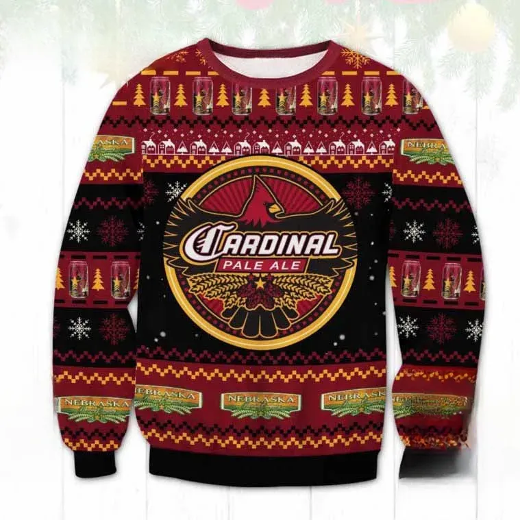 Cardinal Pale Ale Beer Ugly Christmas Sweater, Nebraska Craft Brewery Holiday Sweater, Red and Black Unisex Xmas Sweatshirt