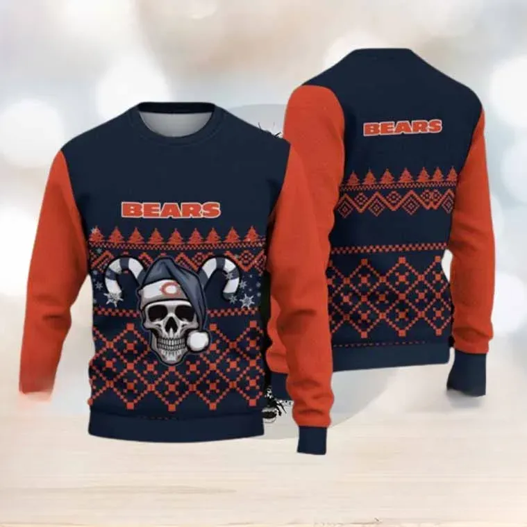Chicago Bears Ugly Christmas Sweater, Santa Hat Skull Football Holiday Sweater, Navy and Orange Unisex Knit Xmas Sweatshirt