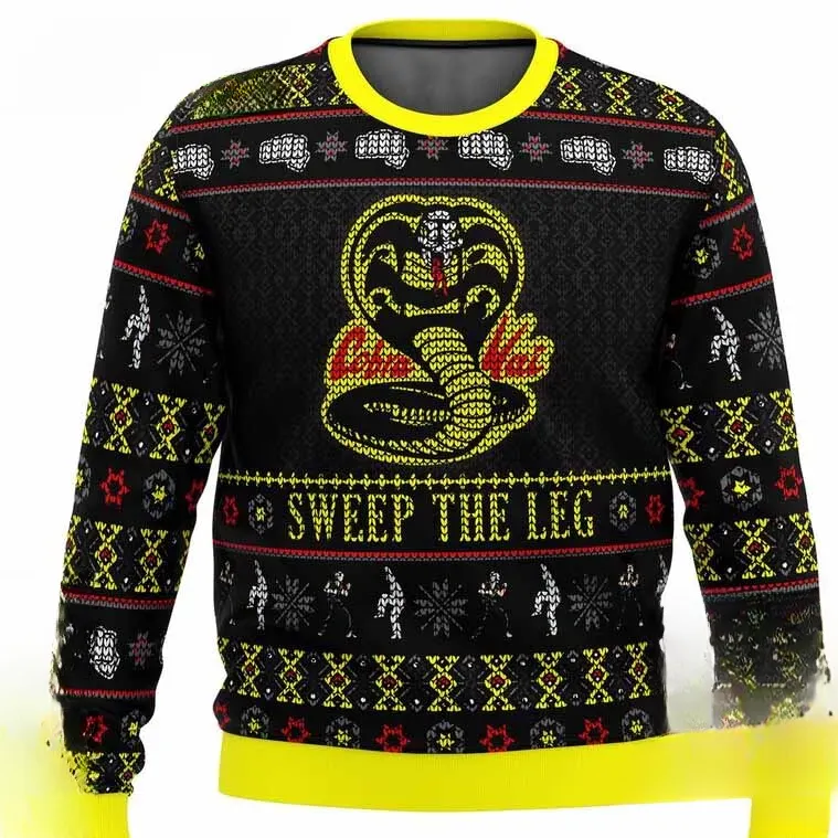 Cobra Kai Karate Kid Ugly Christmas Sweater, Sweep The Leg Dojo Movie Holiday Sweater, Black and Yellow Unisex Xmas Sweatshirt