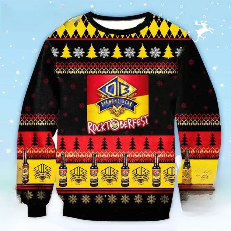 Diamond Bear Rocktoberfest Ugly Christmas Sweater, Craft Brewing Beer Bottle Holiday Sweater, Black and Yellow Unisex Xmas Sweatshirt