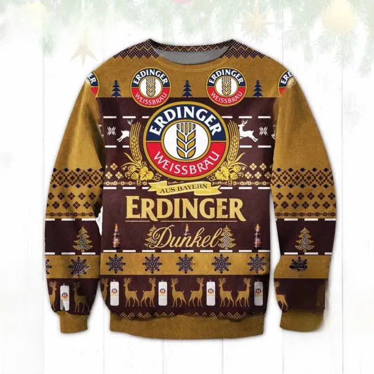 Erdinger Dunkel Beer Ugly Christmas Sweater, Weissbrau Aus Bayern Bavarian Holiday Sweater, Brown Unisex Knit Xmas Sweatshirt