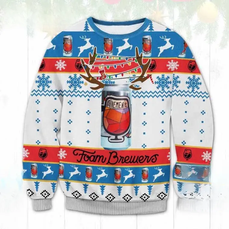 Foam Brewers Beer Ugly Christmas Sweater, Pavement Can with Reindeer Antlers Craft Brew Holiday Sweater, Unisex Xmas Sweatshirt