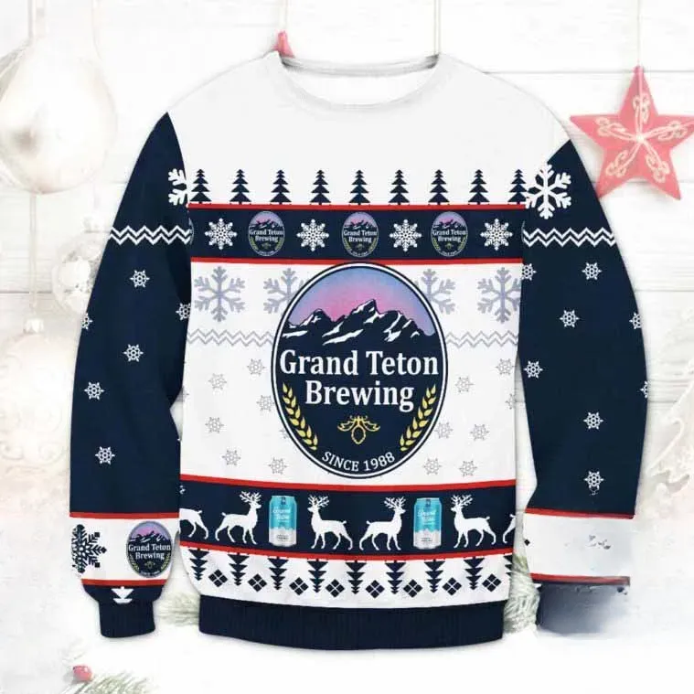 Grand Teton Brewing Beer Ugly Christmas Sweater, Mountain Logo Craft Brewery Holiday Sweater, Unisex Navy and White Xmas Party Sweatshirt