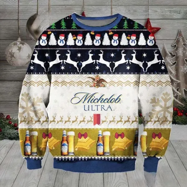 Michelob Ultra Beer Christmas Ugly Sweater, Snowmen Reindeer and Golden Bells Holiday Sweater, Light Beer Lover Unisex Knit Xmas Sweatshirt