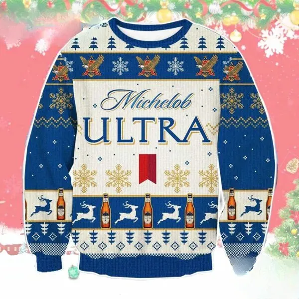 Michelob Ultra Light Beer Ugly Christmas Sweater, Funny Beer Lover Holiday Sweater, Unisex All Over Print Xmas Party Sweatshirt