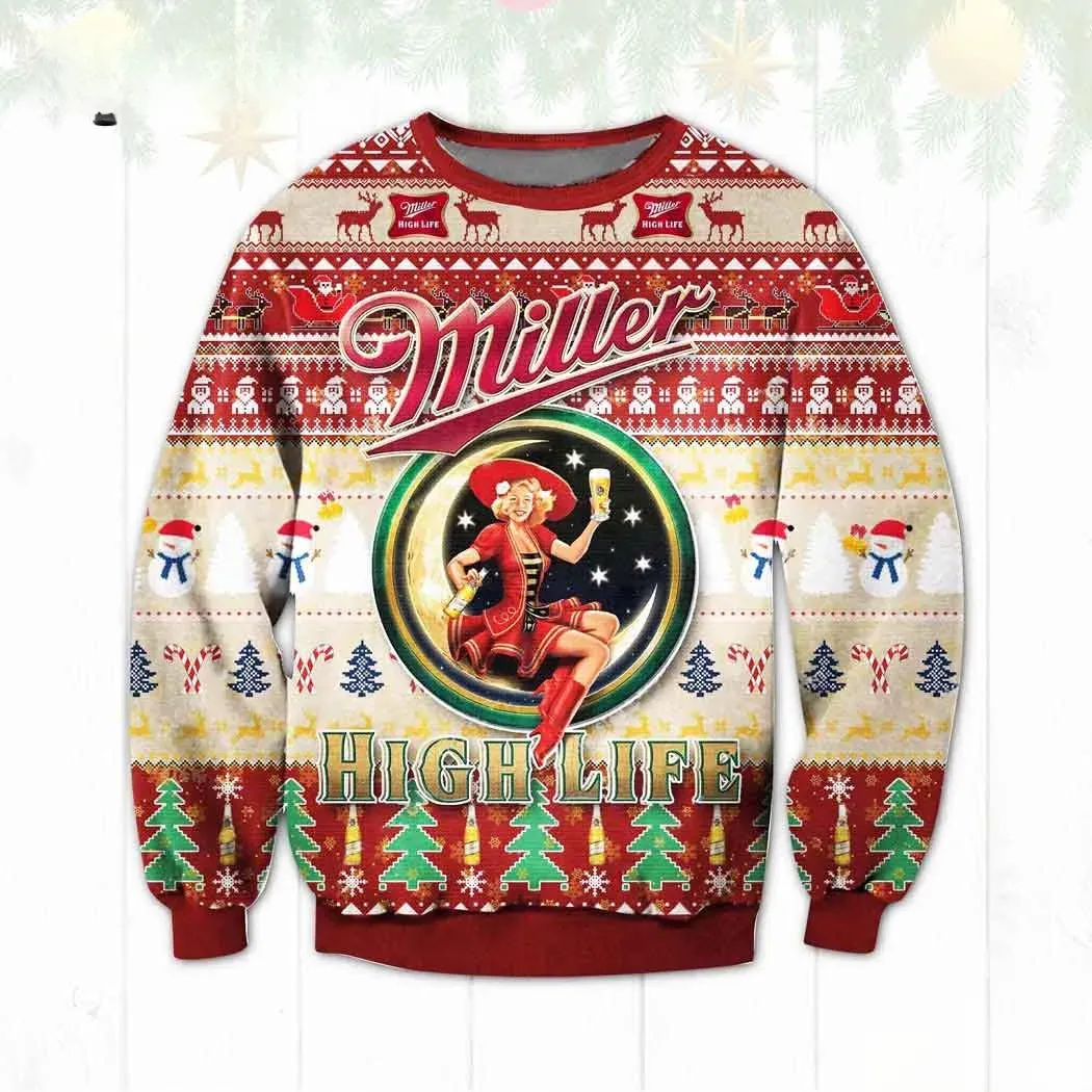 Miller High Life Beer Girl in the Moon Ugly Christmas Sweater, Funny Beer Lover Holiday Sweater, Unisex Knit Look Xmas Party Sweatshirt