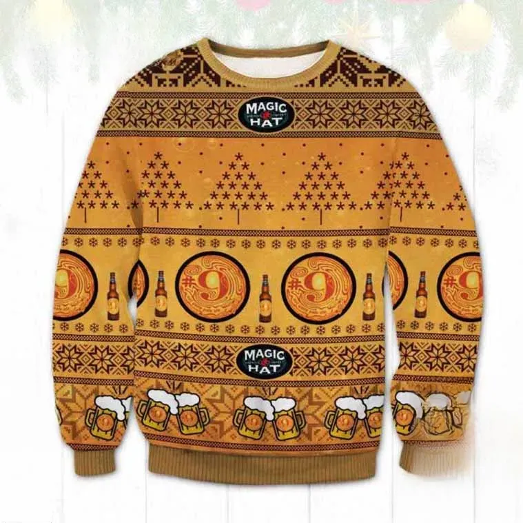 Magic Hat Beer Ugly Christmas Sweater, Number 9 Not Quite Pale Ale Craft Beer Holiday Sweater, Unisex Golden Brown Knit Xmas Sweatshirt