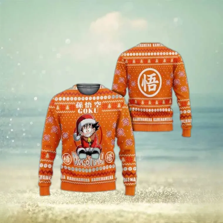 Dragon Ball Son Goku Ugly Christmas Sweater, Young Saiyan in Santa Hat Kamehameha Anime Holiday Sweater, DBZ Fan Unisex Xmas Sweatshirt