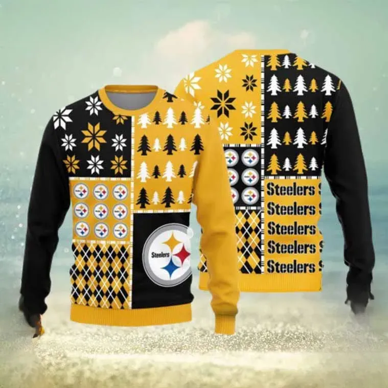 Pittsburgh Steelers Teams Christmas Ugly Sweater, Football Fan Holiday Sweater, Patchwork Style Xmas Sweatshirt for Steelers Fans