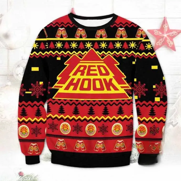 Redhook Beer Ugly Christmas Sweater, Red Hook Brewery Logo Craft Beer Holiday Sweater, Unisex Red and Yellow Knit Xmas Sweatshirt