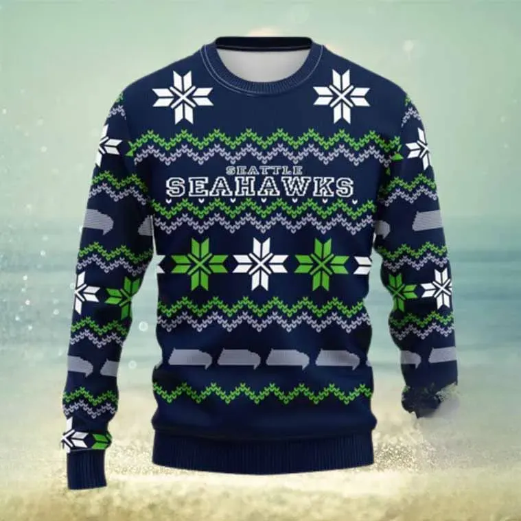 Seattle Seahawks NFL Ugly Christmas Sweater, Navy and Green Snowflake Football Holiday Sweater, Seahawks Fan Unisex Knit Xmas Sweatshirt