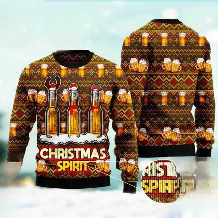 Spirit Beer Ugly Christmas Sweater, Funny Bottles in Santa Hats and Reindeer Antlers Holiday Sweater, Unisex Brew Lover Xmas Sweatshirt