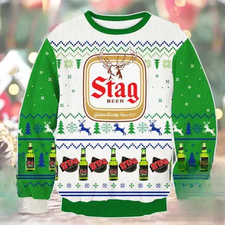 Stag Beer Ugly Christmas Sweater, Golden Quality Since 1851 Green and White Holiday Sweater, Unisex Beer Lover Knit Xmas Sweatshirt