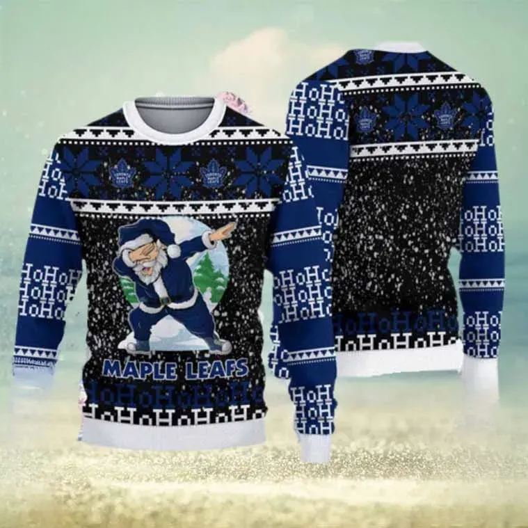 Toronto Maple Leafs Ugly Christmas Sweater, Dabbing Santa Ho Ho Ho NHL Hockey Holiday Sweater, Leafs Fan Unisex Blue Black Xmas Sweatshirt