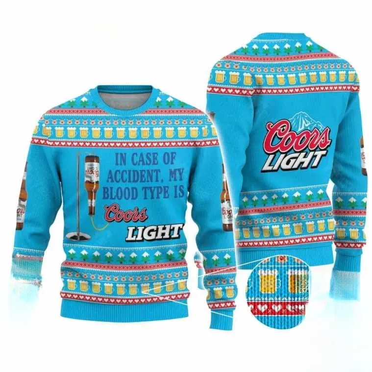My Blood Type Is Coors Light Beer Ugly Christmas Sweater, In Case Of Accident Funny Beer Lover Holiday Sweater, Xmas Party Sweater