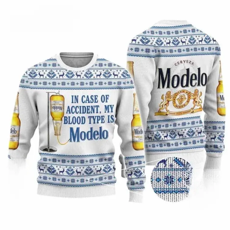 Modelo Beer In Case Of Accident My Blood Type Is Modelo Ugly Christmas Sweater, Funny Beer Lover Holiday Sweater, Xmas Sweater
