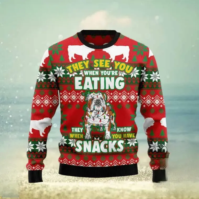 Bulldog Snacks Christmas Ugly Sweater, They See You When You're Eating Funny Dog Holiday Sweater, Bulldog Lover Unisex Knit Xmas Sweatshirt