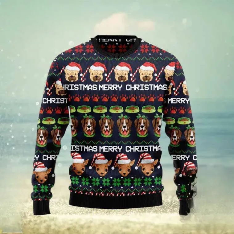 Dog Cute Face Christmas Ugly Sweater, Funny Puppies in Santa Hats Dog Lover Holiday Sweater, Unisex Merry Christmas Knit Xmas Sweatshirt