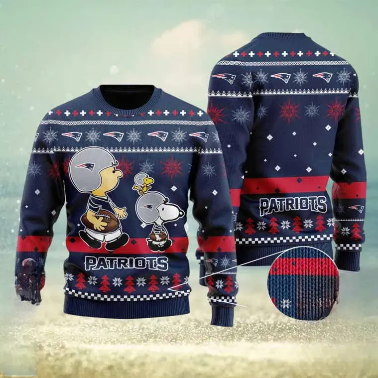 New England Patriots Christmas Ugly Sweater, Snoopy Charlie Brown Woodstock NFL Football Holiday Sweater, Patriots Fan Unisex Xmas Sweatshirt