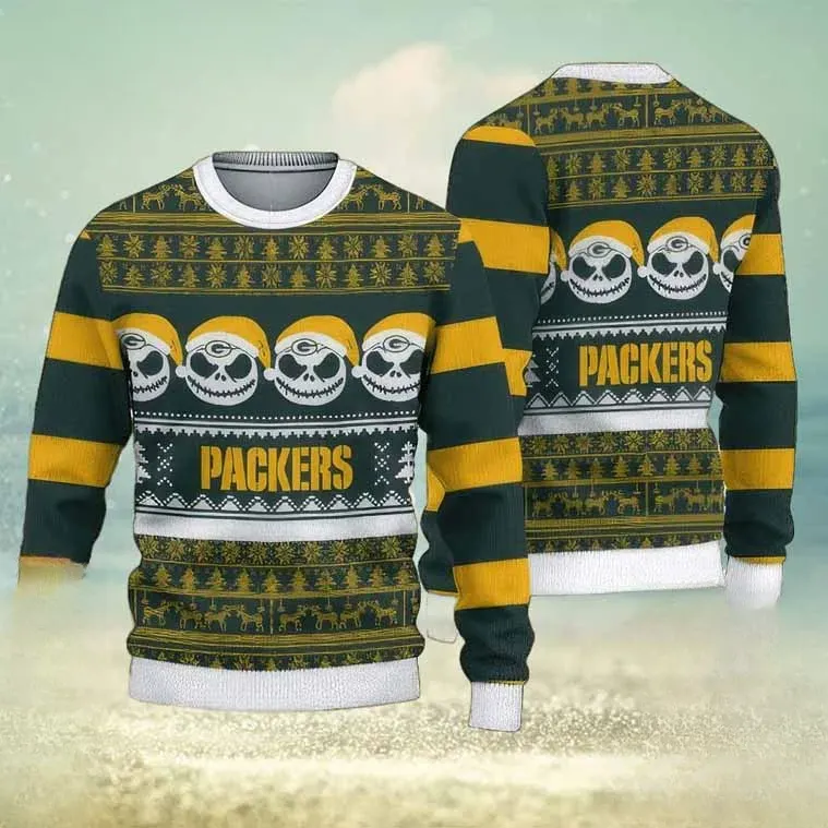 NFL Green Bay Packers Christmas Ugly Sweater, Jack Skellington Santa Hat Holiday Sweater, Cheesehead Unisex Green Gold Striped Sweatshirt