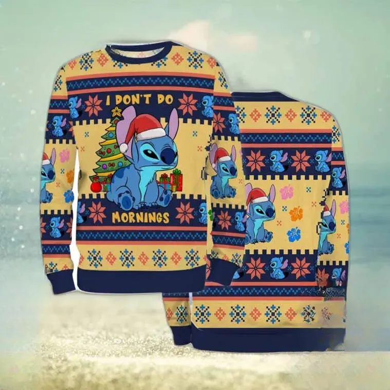 Lilo And Stitch Ugly Christmas Sweater, Stitch I Don't Do Mornings Disney Holiday Sweater, Unisex Navy Yellow Xmas Sweatshirt