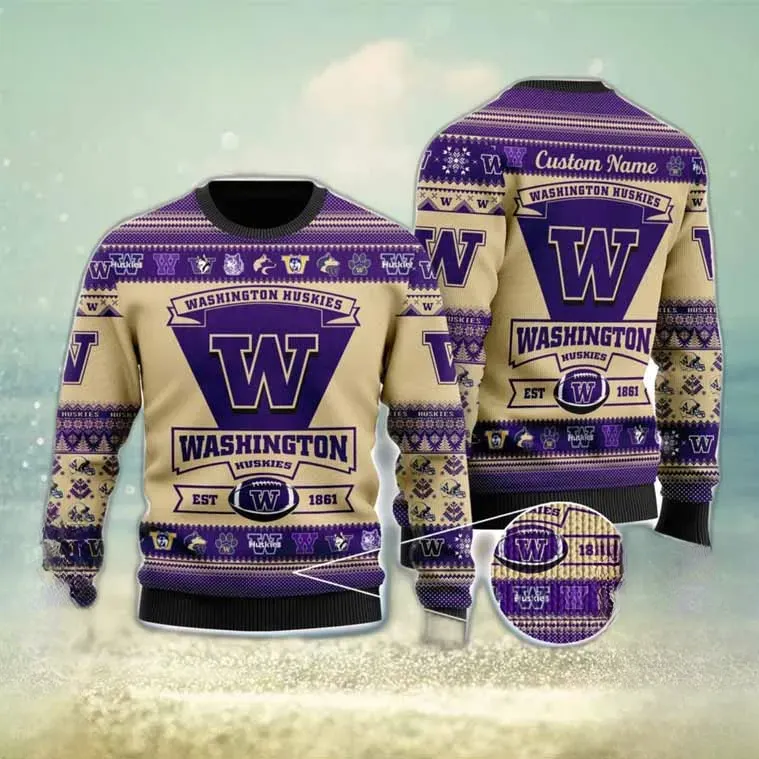 Washington Huskies Football Ugly Christmas Sweater, Custom Name College Football Fan Holiday Sweater, Personalized Xmas Sweater