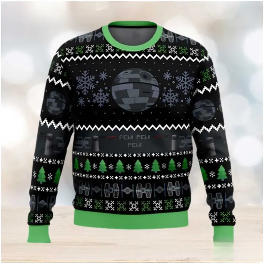 Imperial Death Star Star Wars Ugly Christmas Sweater, Pew Pew Pew TIE Fighter Empire Holiday Sweater, Unisex Black Green Xmas Sweatshirt
