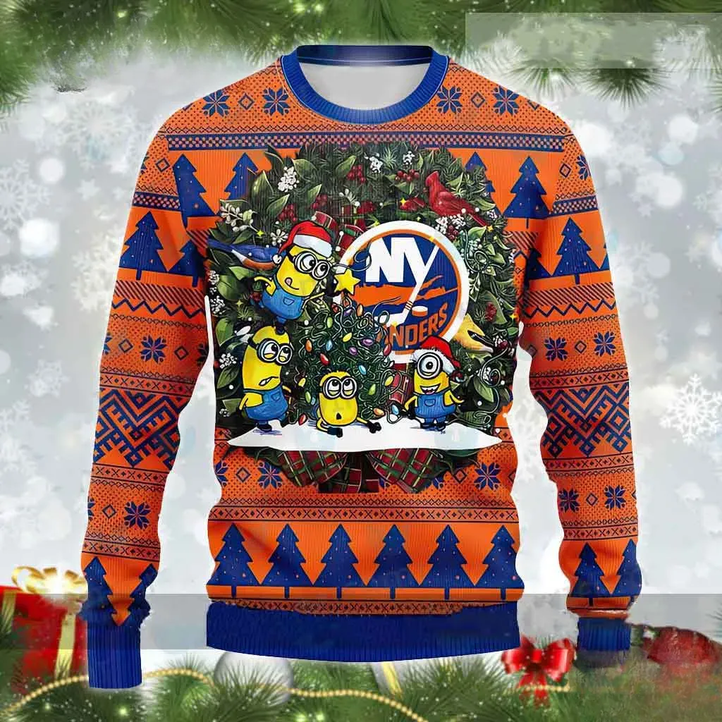 Minions New York Islanders Ugly Christmas Sweater, Santa Hat Wreath NHL Hockey Holiday Sweater, Unisex Orange Blue Xmas Sweatshirt