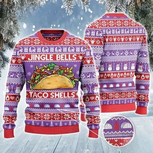 Jingle Bells Taco Shells Ugly Christmas Sweater, Funny Taco Lover Foodie Holiday Sweater, Unisex Purple Red Xmas Party Sweatshirt