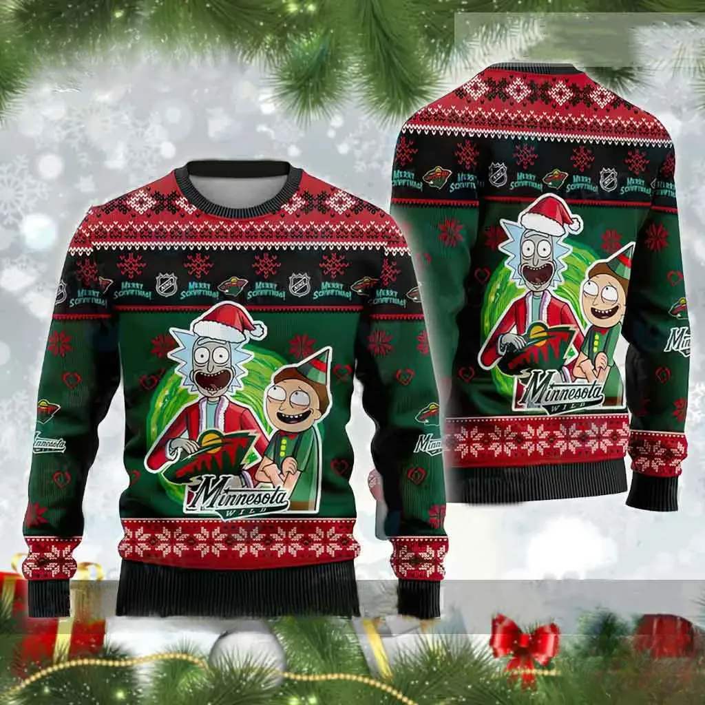 Minnesota Wild Rick And Morty Ugly Christmas Sweater, Merry Schwiftmas NHL Hockey Holiday Sweater, Unisex Forest Green Xmas Sweatshirt
