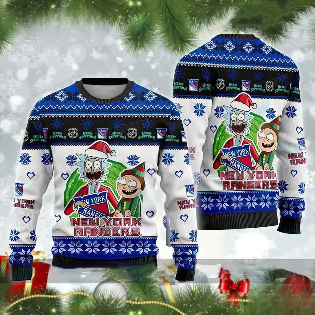 New York Rangers Rick And Morty Ugly Christmas Sweater, Santa and Elf Portal NHL Hockey Holiday Sweater, Unisex White Blue Xmas Sweatshirt