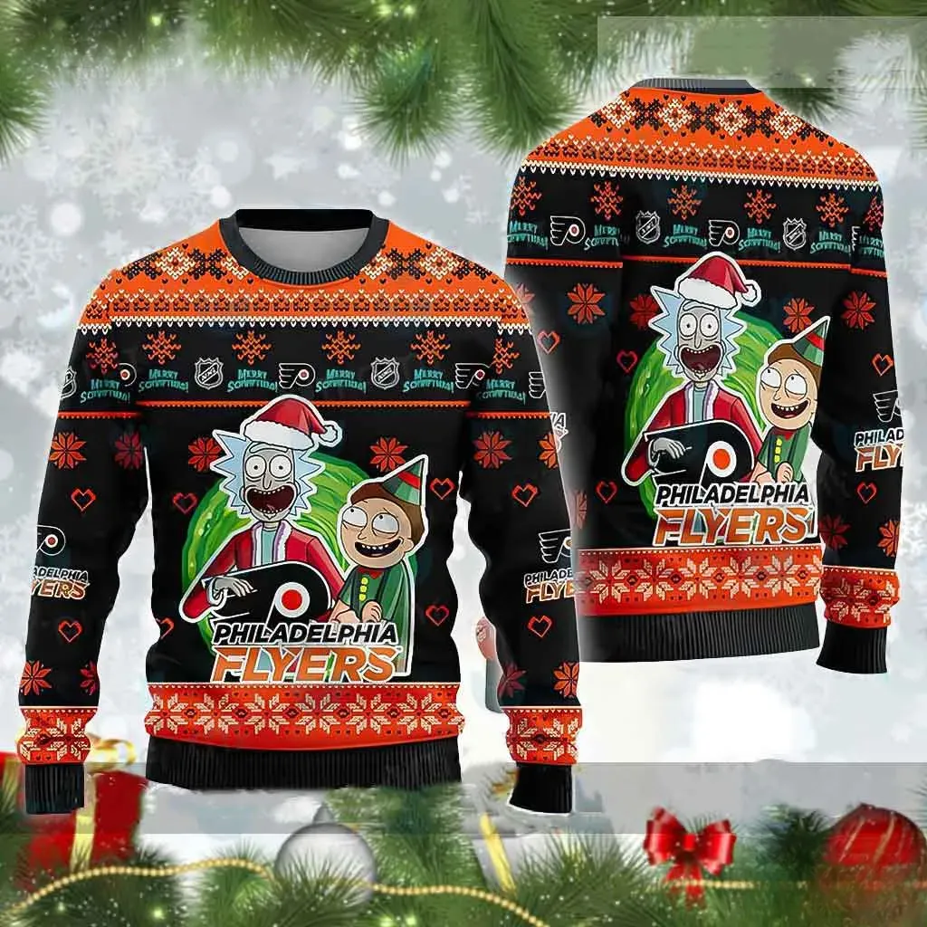 Philadelphia Flyers Rick And Morty Ugly Sweater, Hockey Christmas Holiday Sweater, Xmas Sweatshirt for Flyers Fans