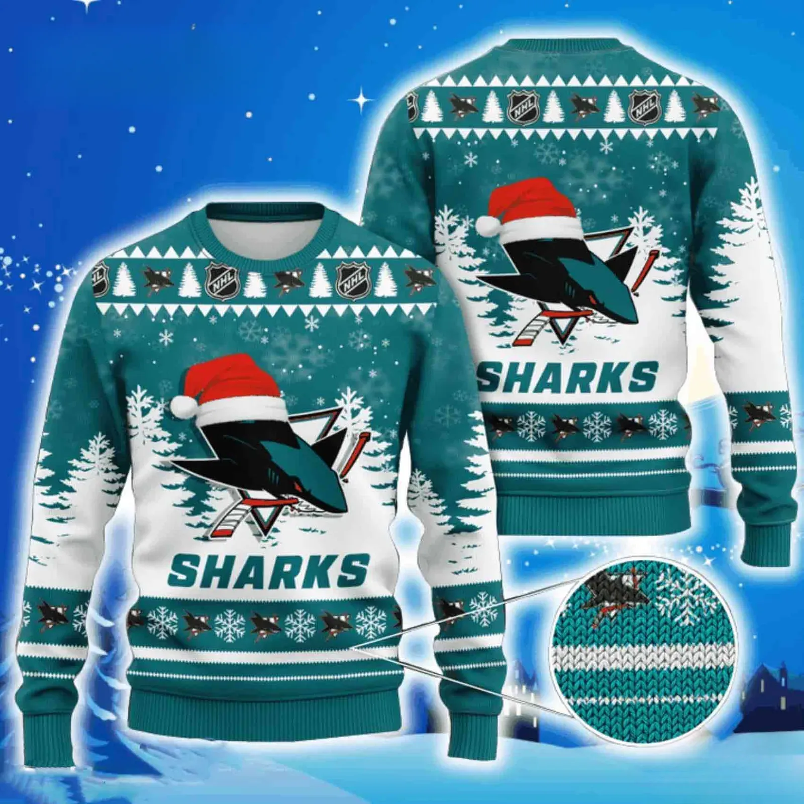 San Jose Sharks Ugly Christmas Sweater, NHL Hockey Holiday Sweater With Santa Hat Shark Logo, Xmas Sweater for Sharks Fans
