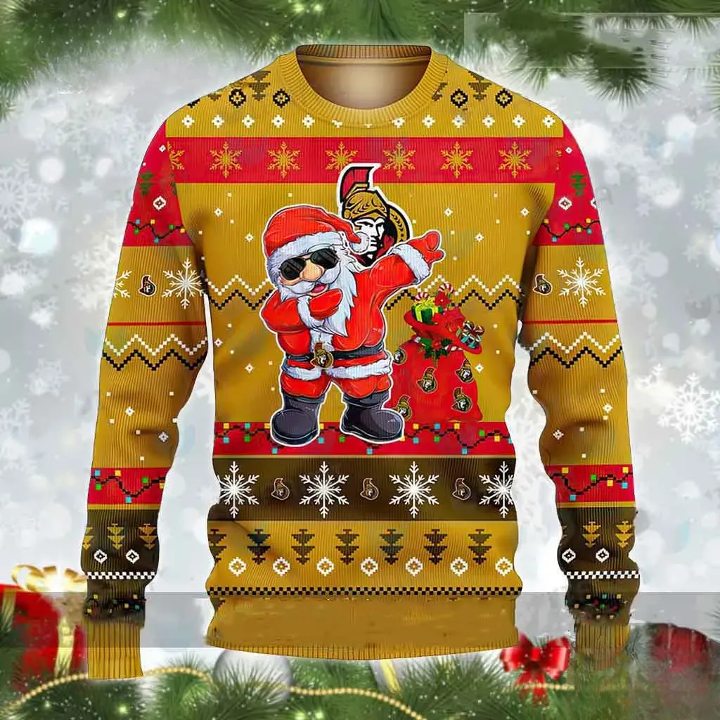 Bountiful Ottawa Senators Ugly Christmas Sweater, Dabbing Santa NHL Hockey Holiday Sweater, Unisex Gold Red All Over Print Xmas Sweatshirt
