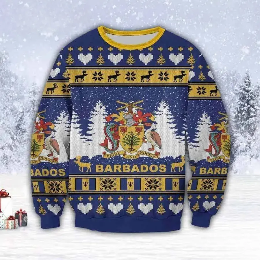 Barbados Island Pride and Industry Ugly Christmas Sweater, Bajan Coat of Arms Holiday Sweater, Unisex Navy Gold Caribbean Xmas Sweatshirt